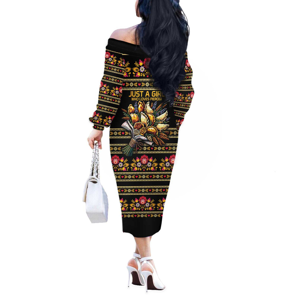 Gold Pierogi Flowers Over Dumplings Off The Shoulder Long Sleeve Dress