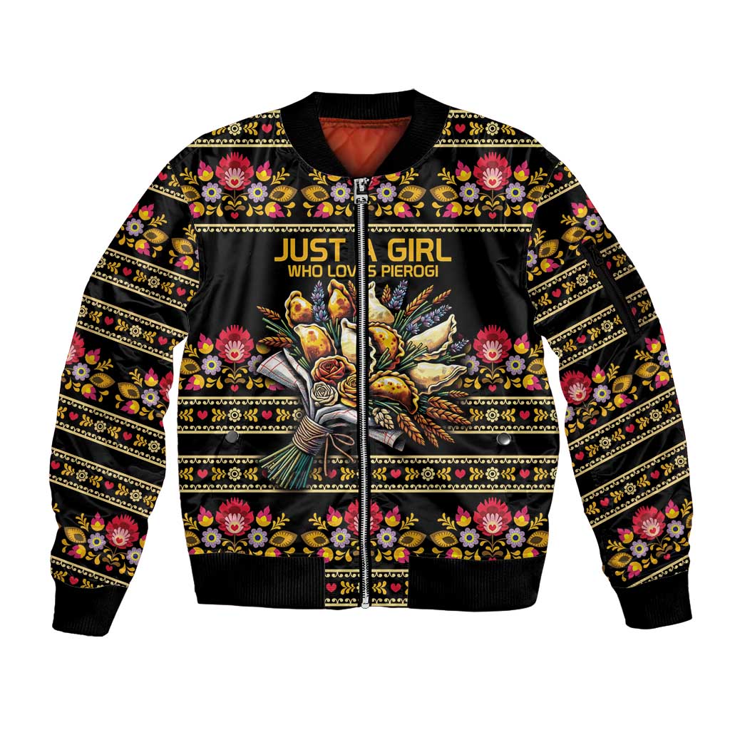 Gold Pierogi Flowers Over Dumplings Sleeve Zip Bomber Jacket