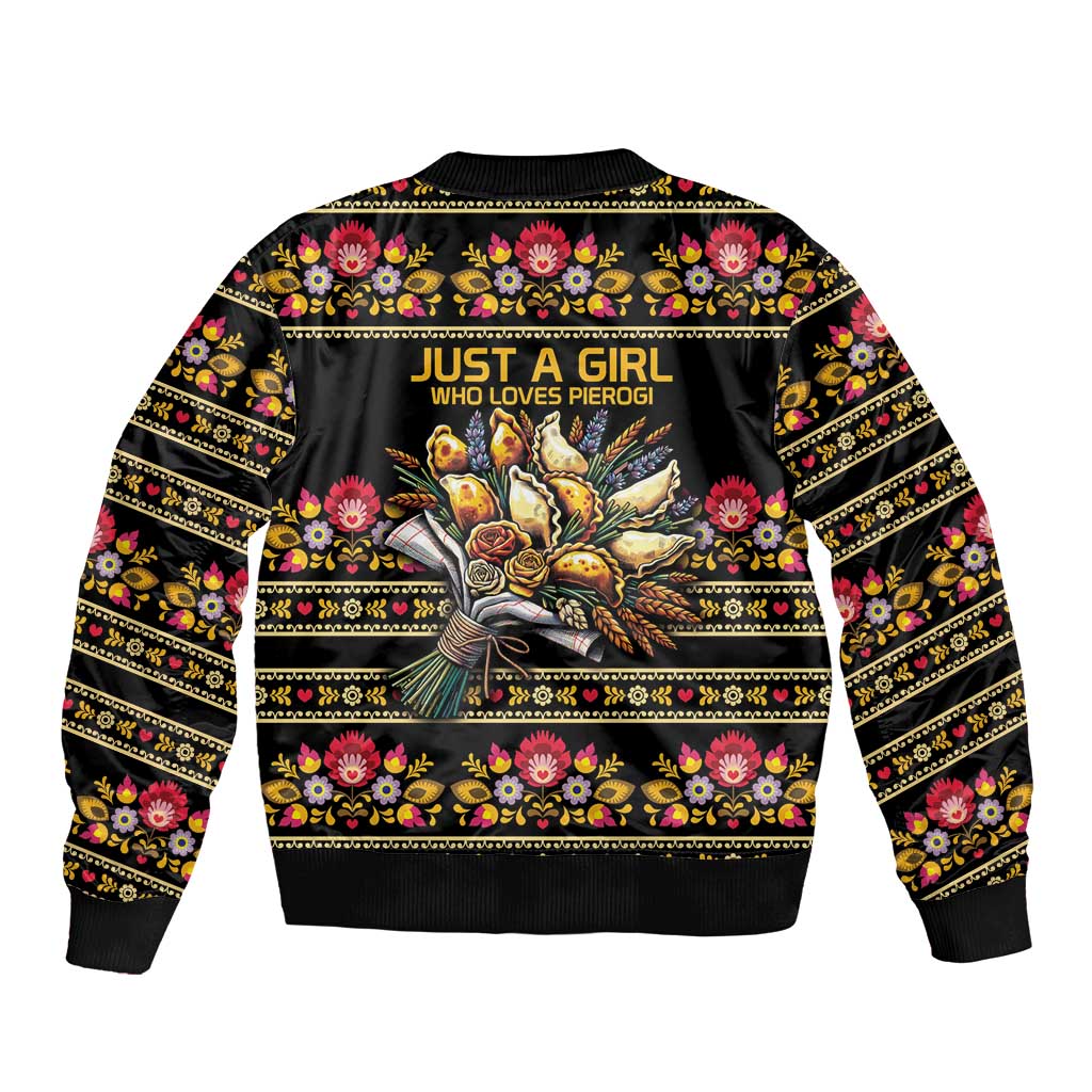 Gold Pierogi Flowers Over Dumplings Sleeve Zip Bomber Jacket