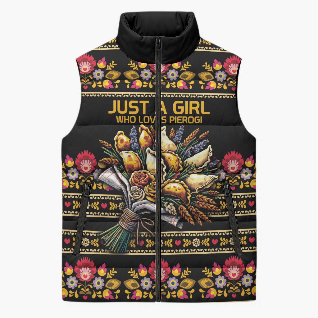 Gold Pierogi Flowers Over Dumplings Sleeveless Puffer Jacket