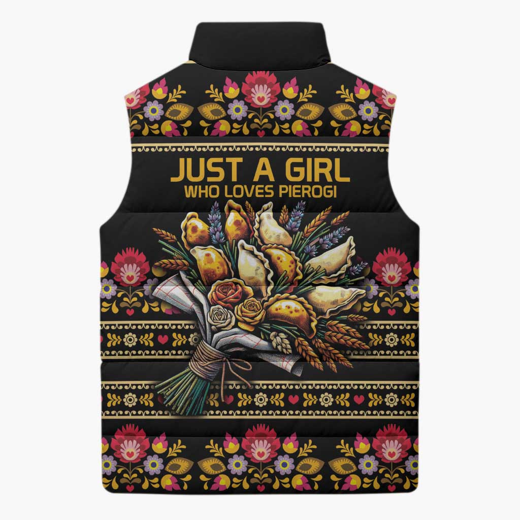 Gold Pierogi Flowers Over Dumplings Sleeveless Puffer Jacket