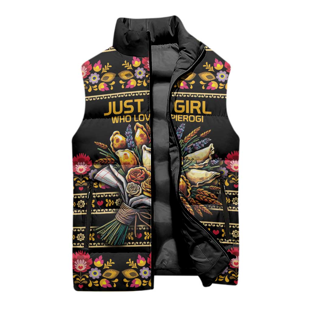 Gold Pierogi Flowers Over Dumplings Sleeveless Puffer Jacket
