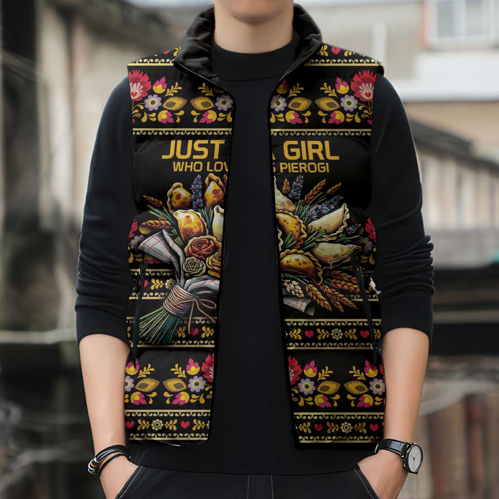Gold Pierogi Flowers Over Dumplings Sleeveless Puffer Jacket