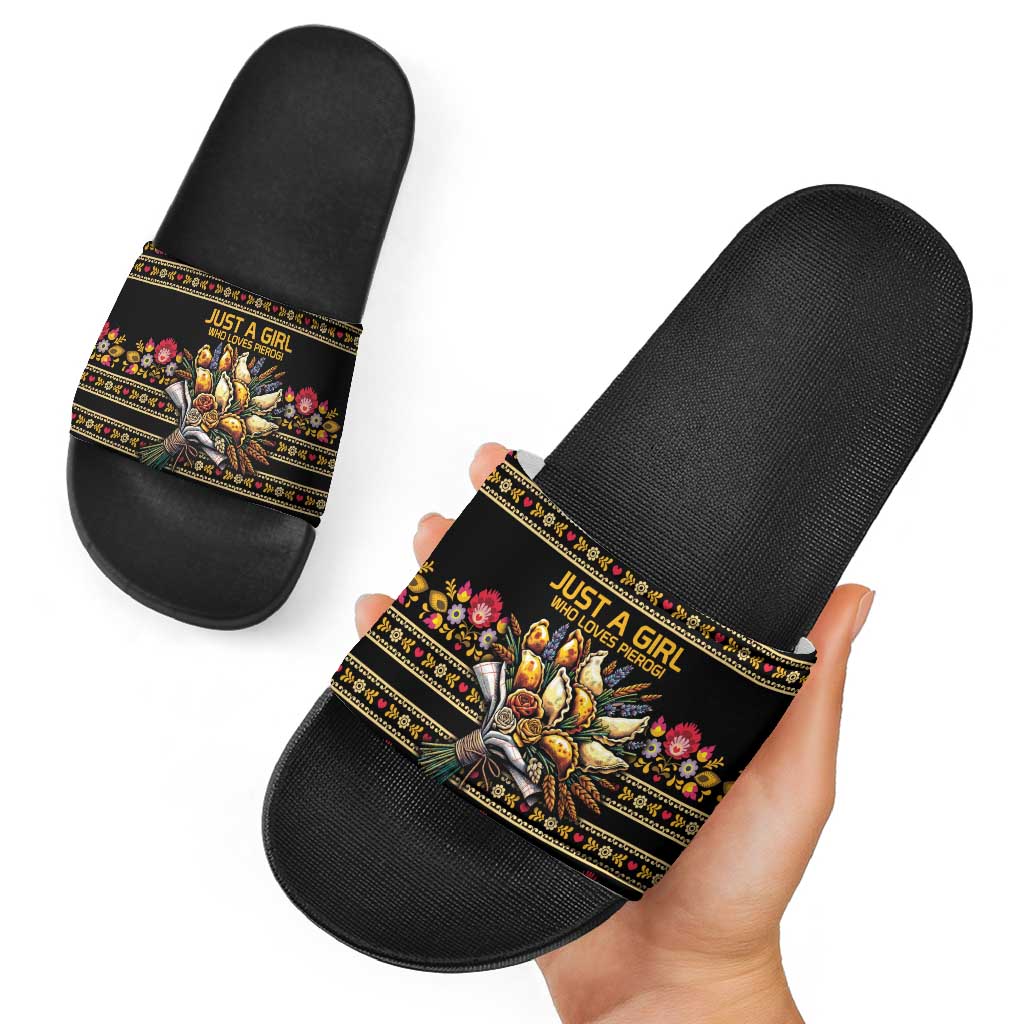 Gold Pierogi Flowers Over Dumplings Slide Sandals