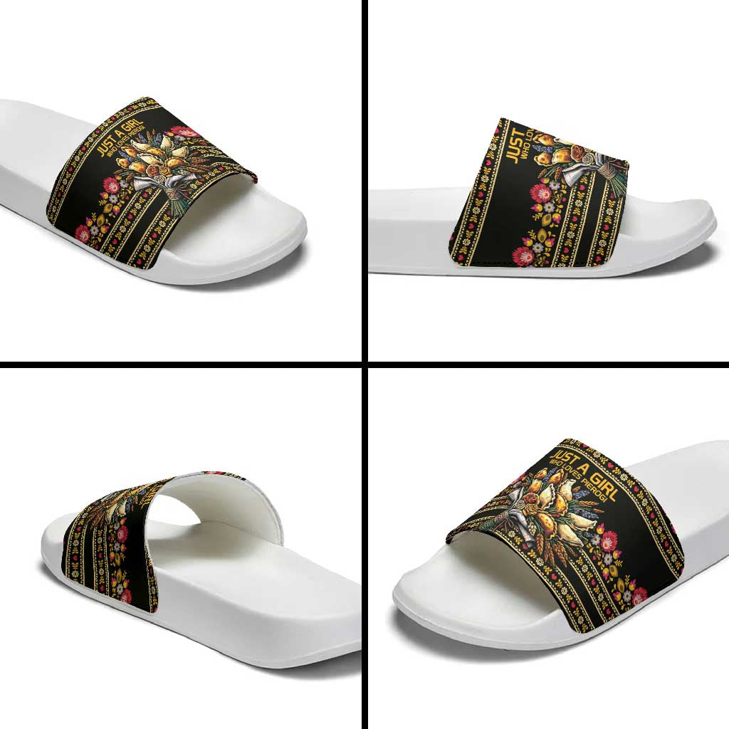 Gold Pierogi Flowers Over Dumplings Slide Sandals