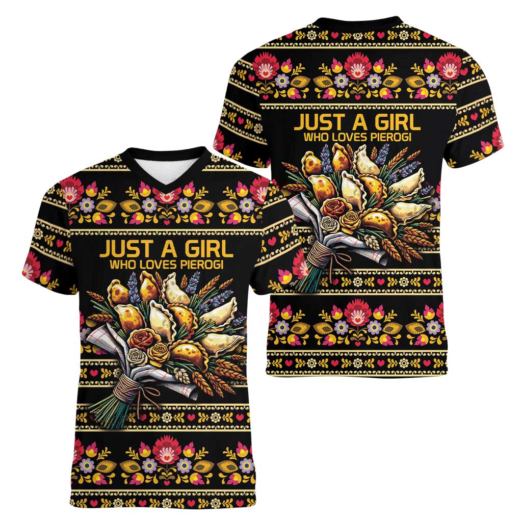 Gold Pierogi Flowers Over Dumplings Women V-Neck T-Shirt