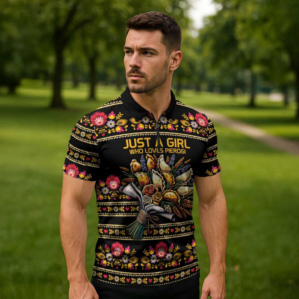 Gold Pierogi Flowers Over Dumplings Zipper Polo Shirt