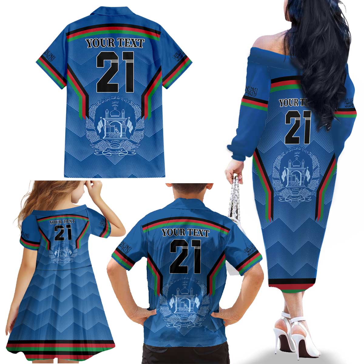 Custom Afghanistan Cricket Family Matching Off The Shoulder Long Sleeve Dress and Hawaiian Shirt Afghan Coat Of Arm with Special Flag - Wonder Print Shop