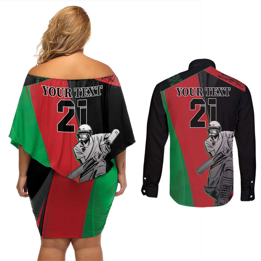 Custom Afghanistan Cricket Couples Matching Off Shoulder Short Dress and Long Sleeve Button Shirt Sporty Version LT9 - Wonder Print Shop