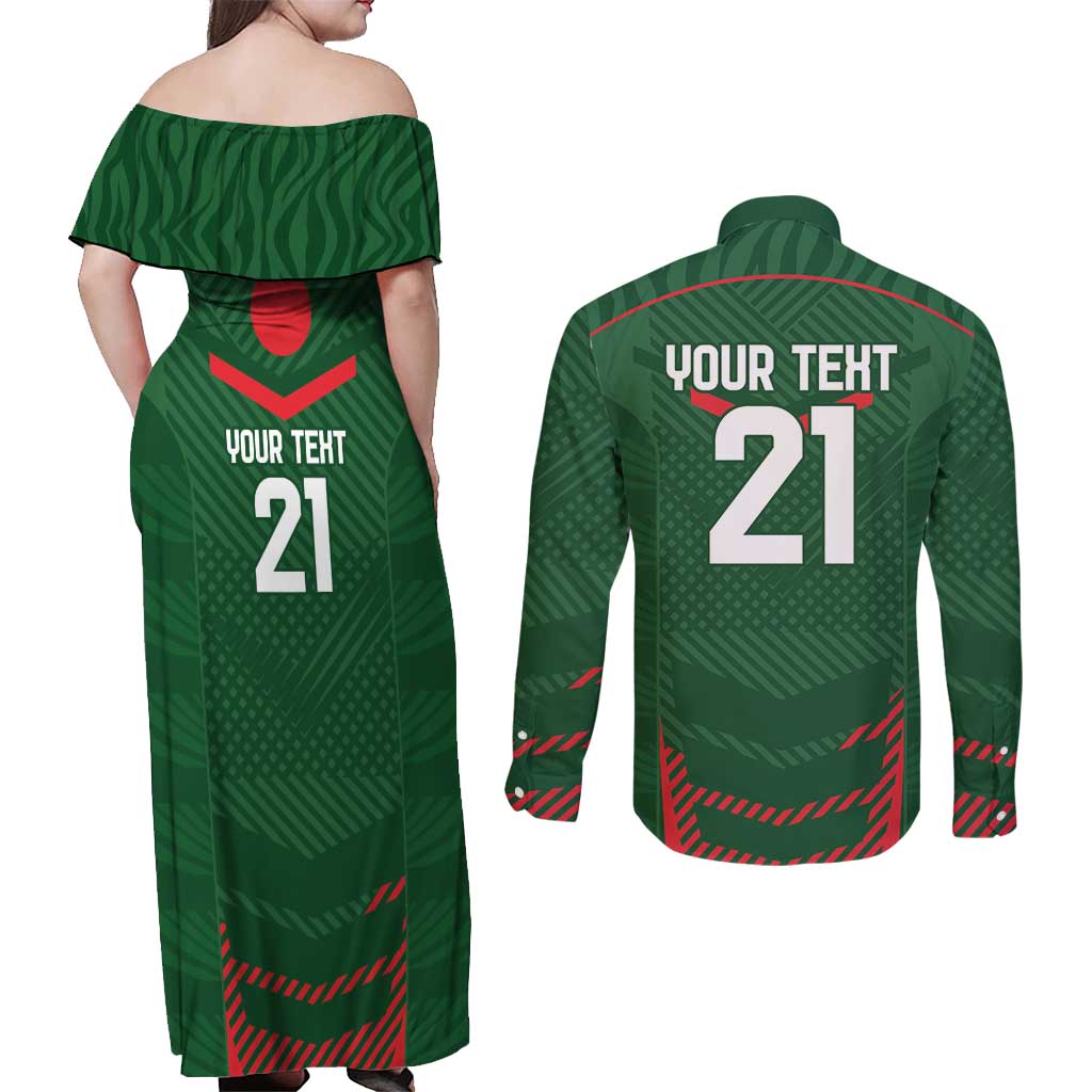 Custom Bangladesh Cricket Couples Matching Off Shoulder Maxi Dress and Long Sleeve Button Shirt Go Tigers Sporty Version LT9 - Wonder Print Shop