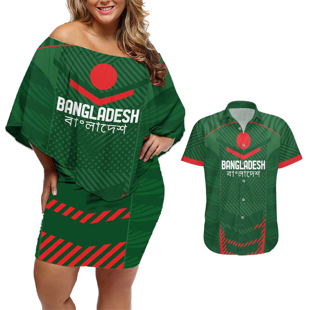 Custom Bangladesh Cricket Couples Matching Off Shoulder Short Dress and Hawaiian Shirt Go Tigers Sporty Version LT9 - Wonder Print Shop