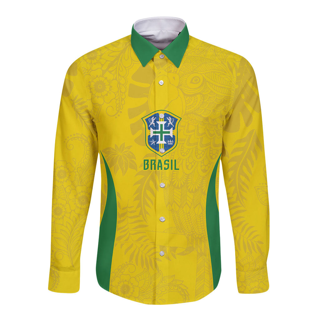 Custom Brasil Concept Parrot Football Long Sleeve Button Shirt Macaw Bird Floral Tribal Edition 2026