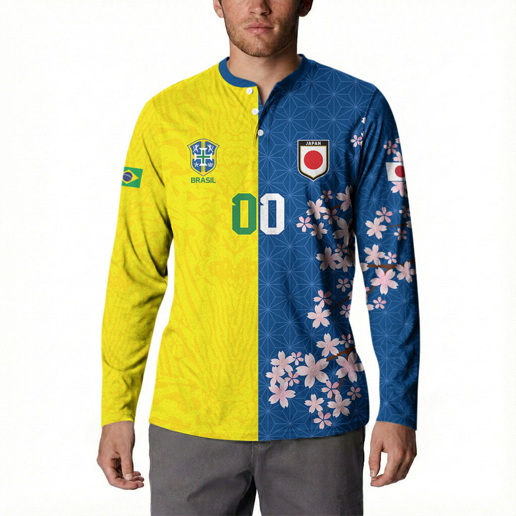 Custom Brazil Japan Football Button Sweatshirt Cultural Fusion Heritage
