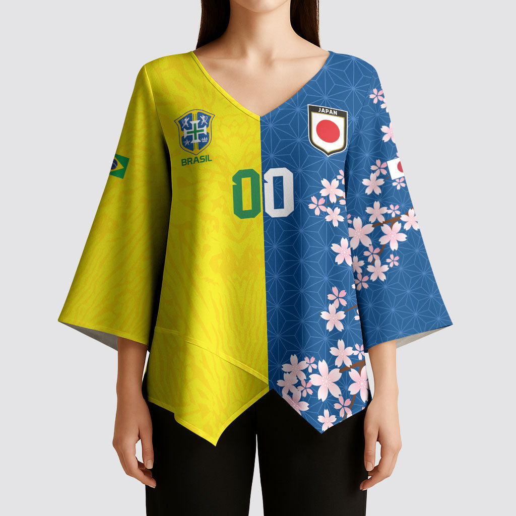 Custom Brazil Japan Football Kimono Sleeve Blouse Cultural Fusion Heritage