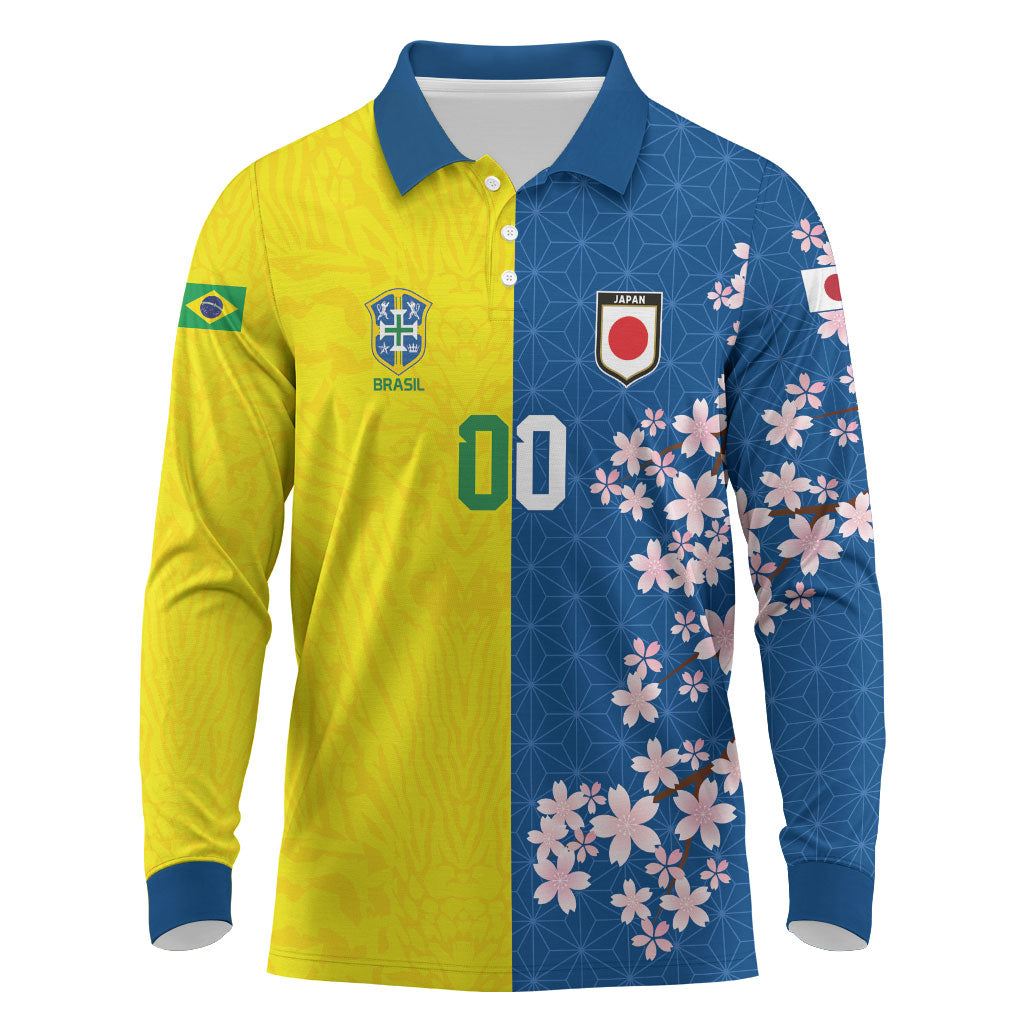 Custom Brazil Japan Football Long Sleeve Polo Shirt Cultural Fusion Heritage