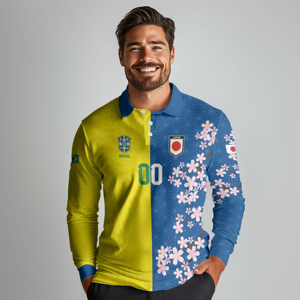 Custom Brazil Japan Football Long Sleeve Polo Shirt Cultural Fusion Heritage