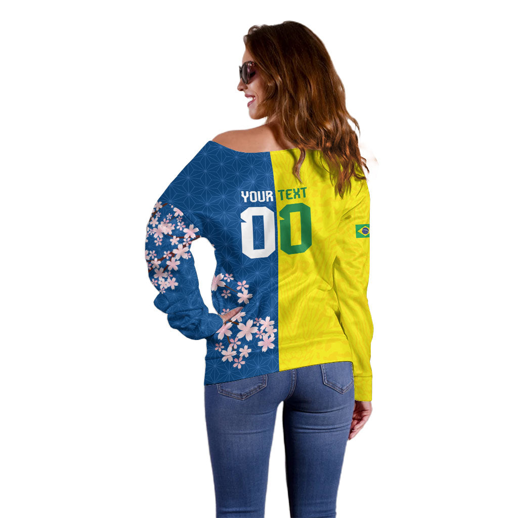 Custom Brazil Japan Football Off Shoulder Sweater Cultural Fusion Heritage