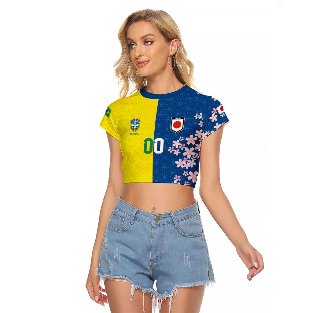 Custom Brazil Japan Football Raglan Cropped T Shirt Cultural Fusion Heritage