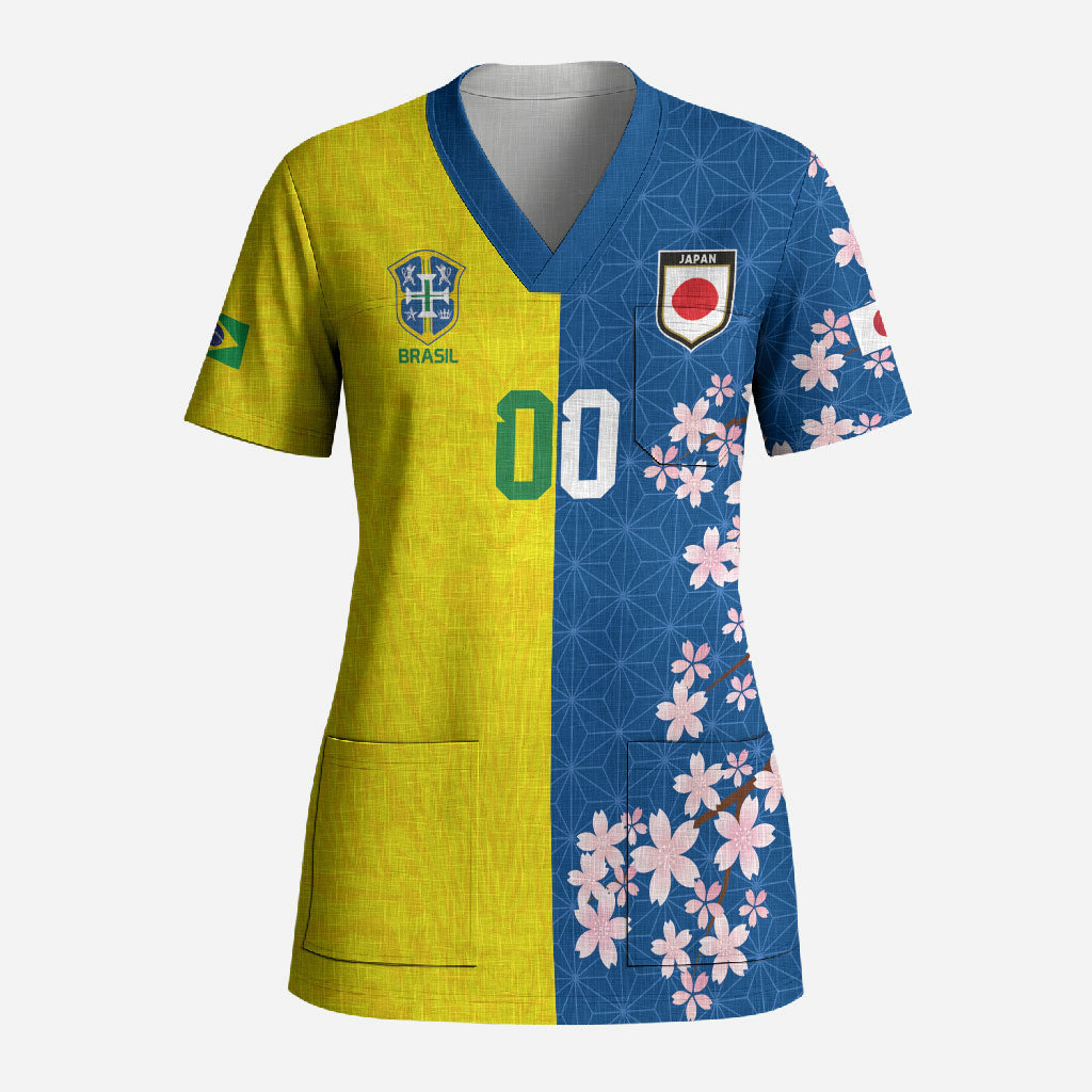 Custom Brazil Japan Football Scrub Top Cultural Fusion Heritage
