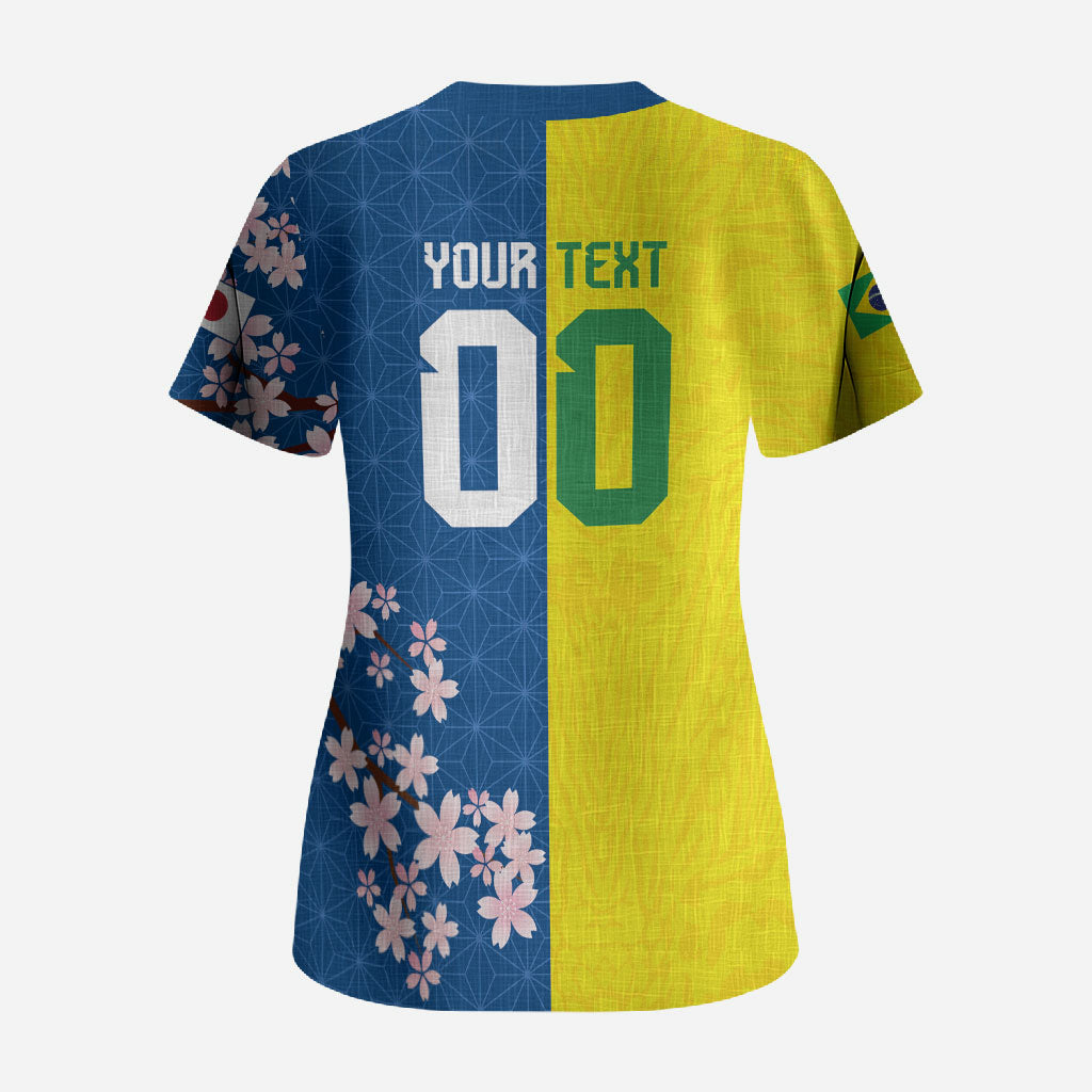 Custom Brazil Japan Football Scrub Top Cultural Fusion Heritage