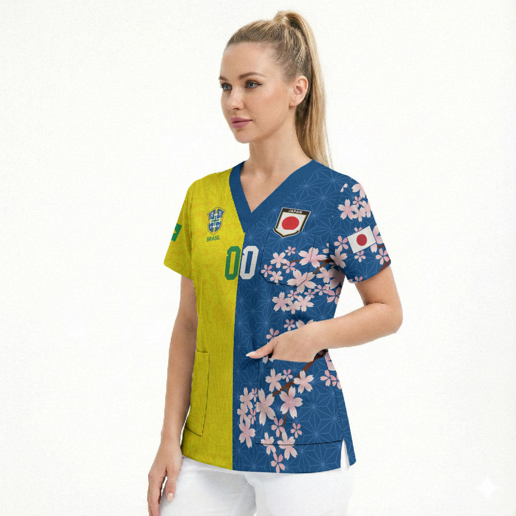 Custom Brazil Japan Football Scrub Top Cultural Fusion Heritage