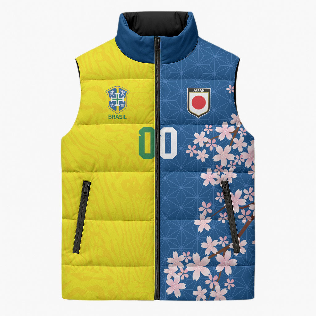 Custom Brazil Japan Football Sleeveless Puffer Jacket Cultural Fusion Heritage