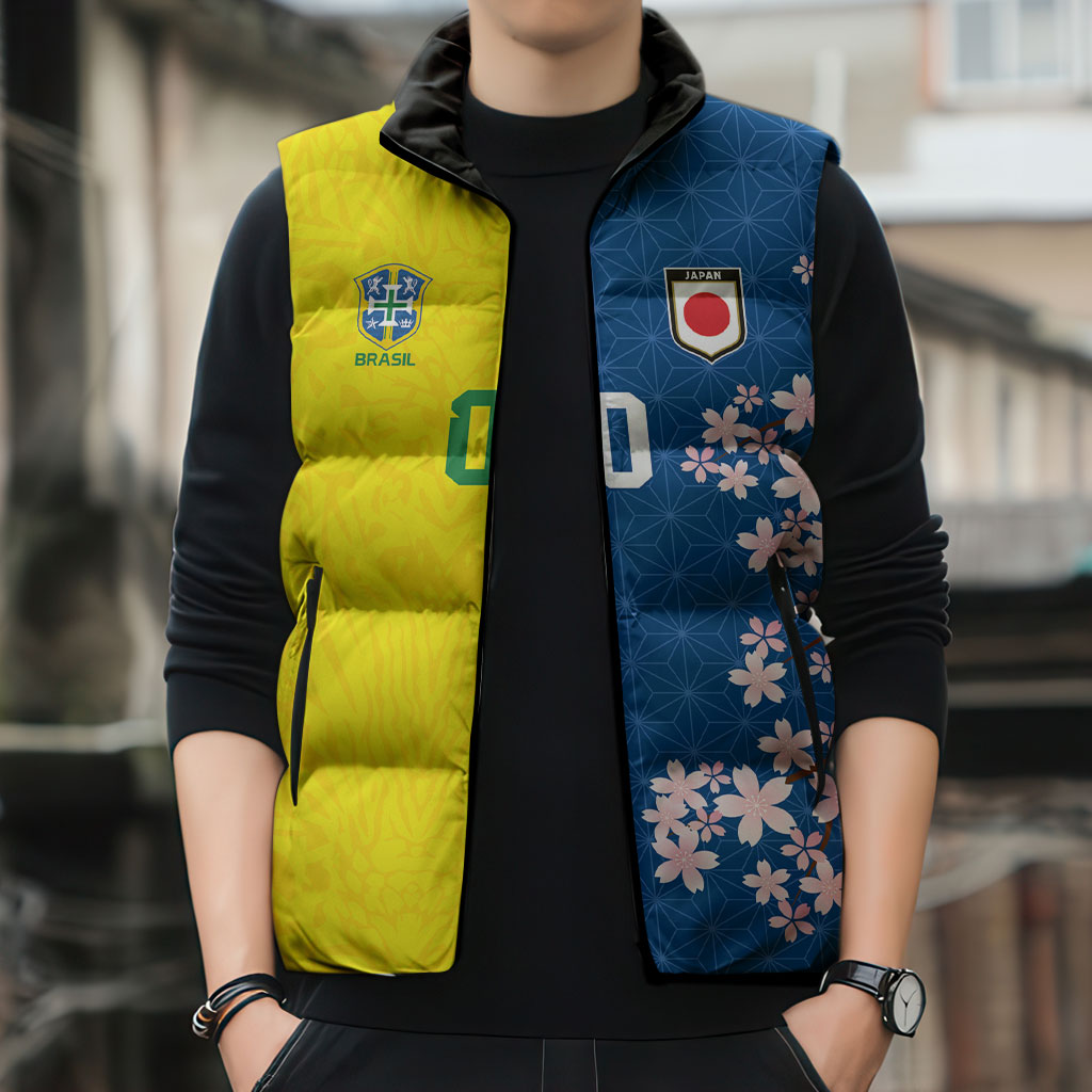 Custom Brazil Japan Football Sleeveless Puffer Jacket Cultural Fusion Heritage