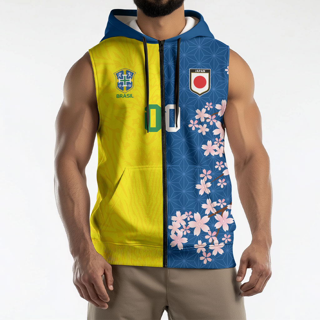 Custom Brazil Japan Football Sleeveless Zip Hoodie Cultural Fusion Heritage