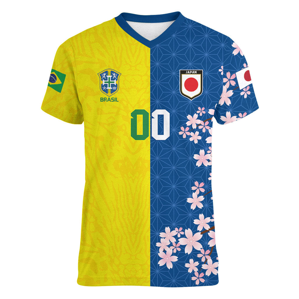 Custom Brazil Japan Football Women V-Neck T-Shirt Cultural Fusion Heritage
