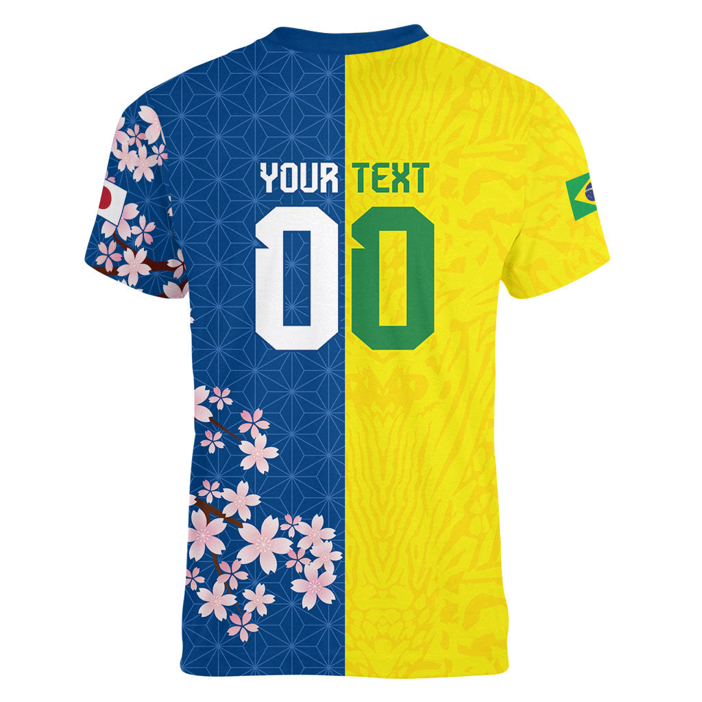 Custom Brazil Japan Football Women V-Neck T-Shirt Cultural Fusion Heritage