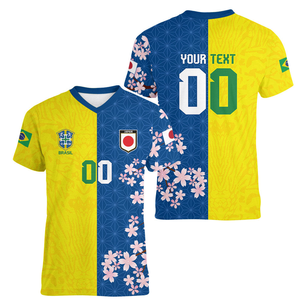 Custom Brazil Japan Football Women V-Neck T-Shirt Cultural Fusion Heritage