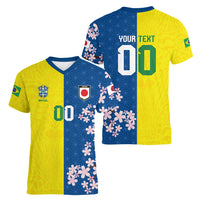 Custom Brazil Japan Football Women V-Neck T-Shirt Cultural Fusion Heritage