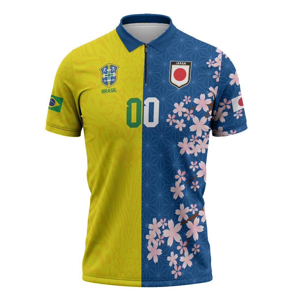 Custom Brazil Japan Football Zipper Polo Shirt Cultural Fusion Heritage