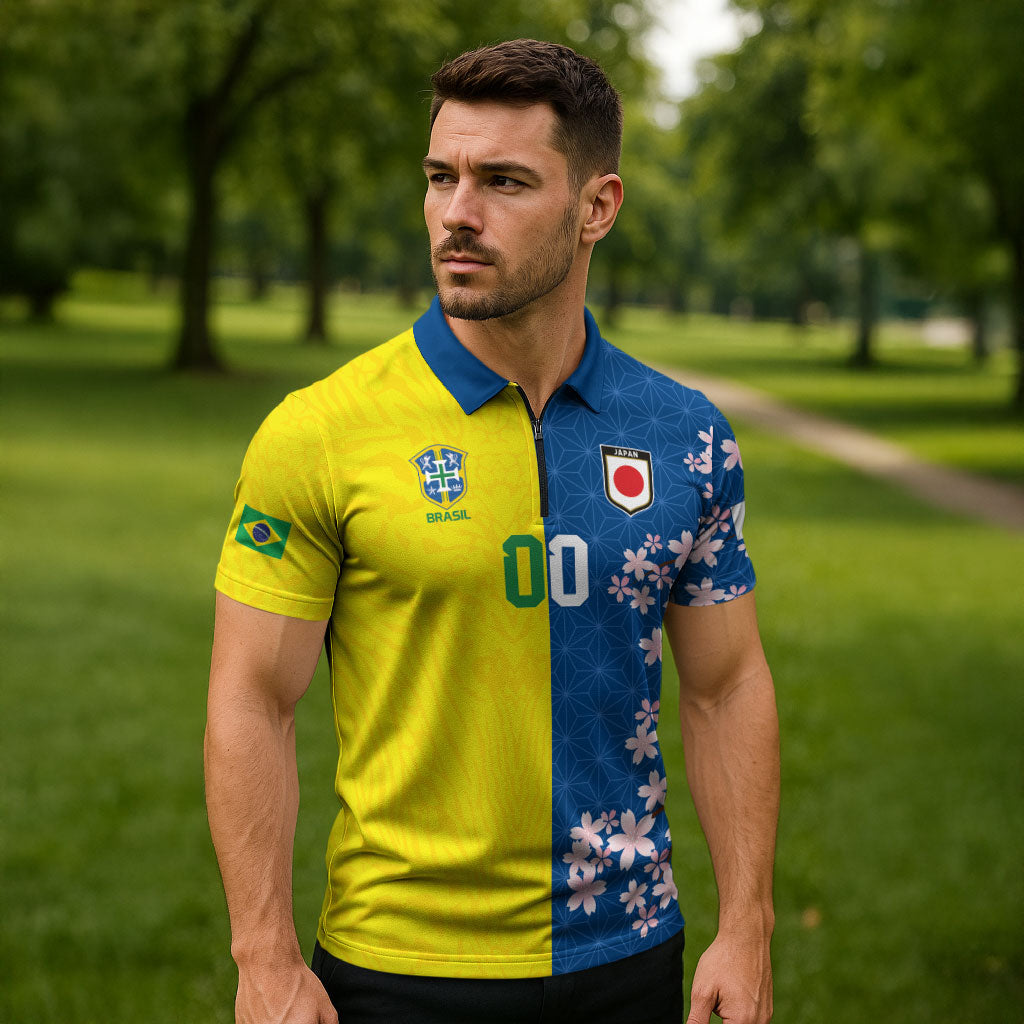 Custom Brazil Japan Football Zipper Polo Shirt Cultural Fusion Heritage