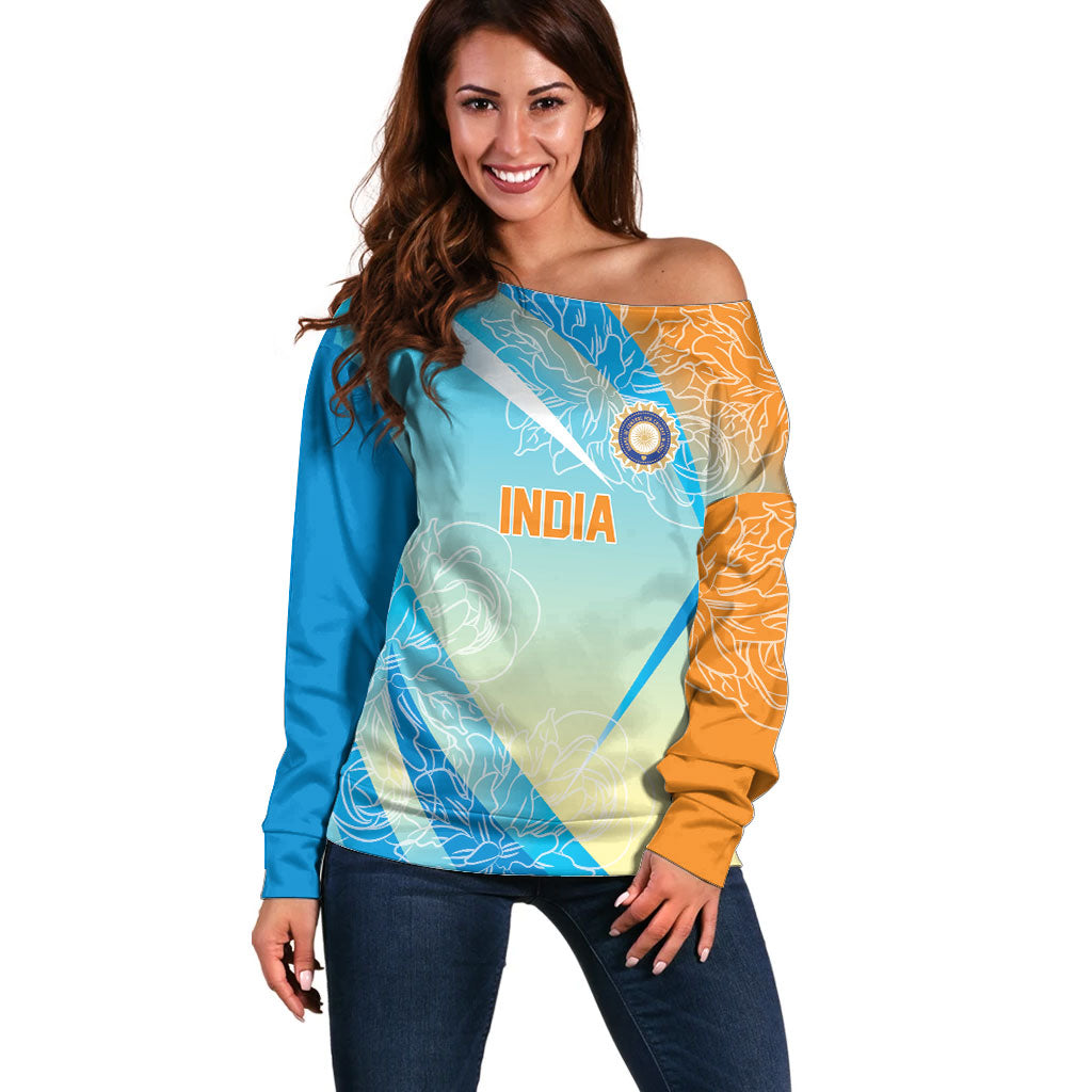 World Cricket Custom India Off Shoulder Sweater Ashoka Chakra Jeetega Bhai Jeetega India Jeetega!