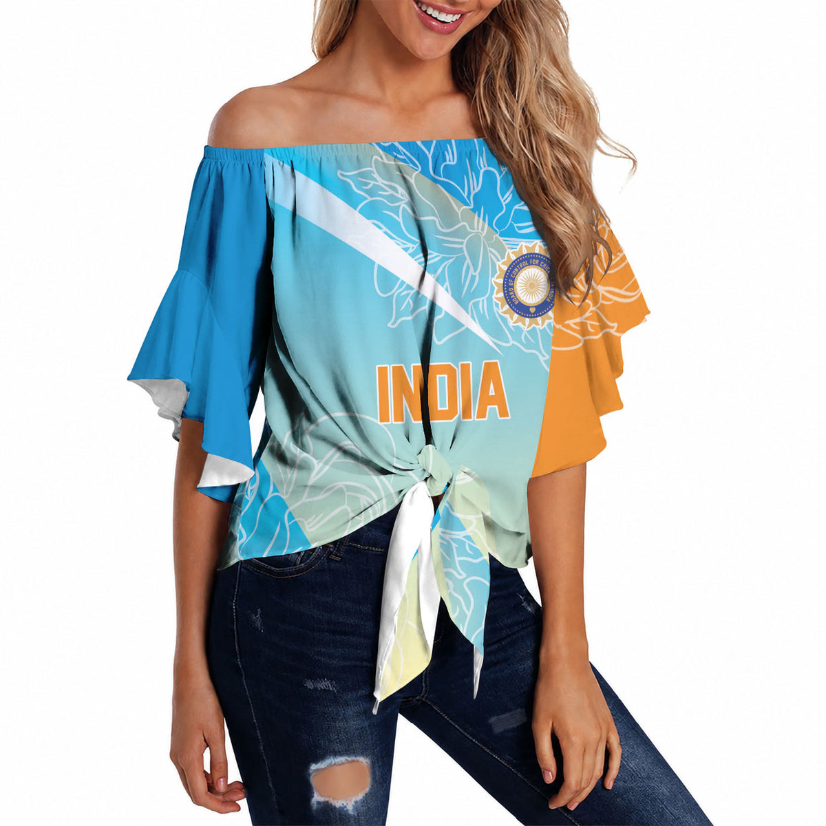 World Cricket Custom India Off Shoulder Wrap Waist Top Ashoka Chakra Jeetega Bhai Jeetega India Jeetega!