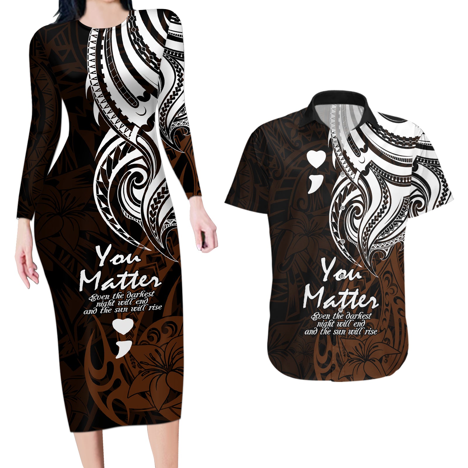 Your Matter Suicide Prevention Couples Matching Long Sleeve Bodycon Dress and Hawaiian Shirt Gold Polynesian Tribal LT9 - Wonder Print Shop