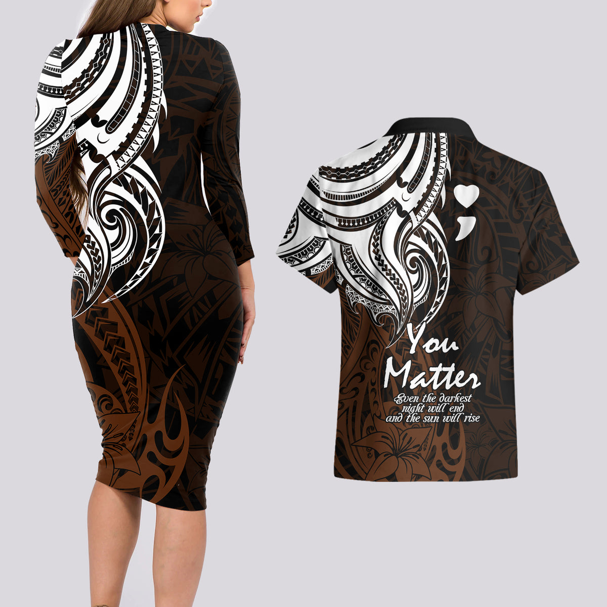 Your Matter Suicide Prevention Couples Matching Long Sleeve Bodycon Dress and Hawaiian Shirt Gold Polynesian Tribal LT9 - Wonder Print Shop