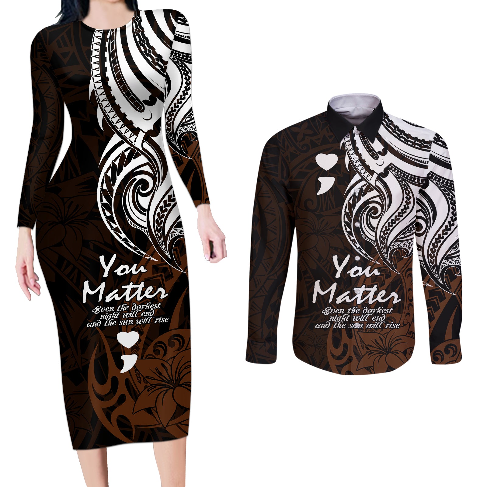 Your Matter Suicide Prevention Couples Matching Long Sleeve Bodycon Dress and Long Sleeve Button Shirts Gold Polynesian Tribal LT9 - Wonder Print Shop
