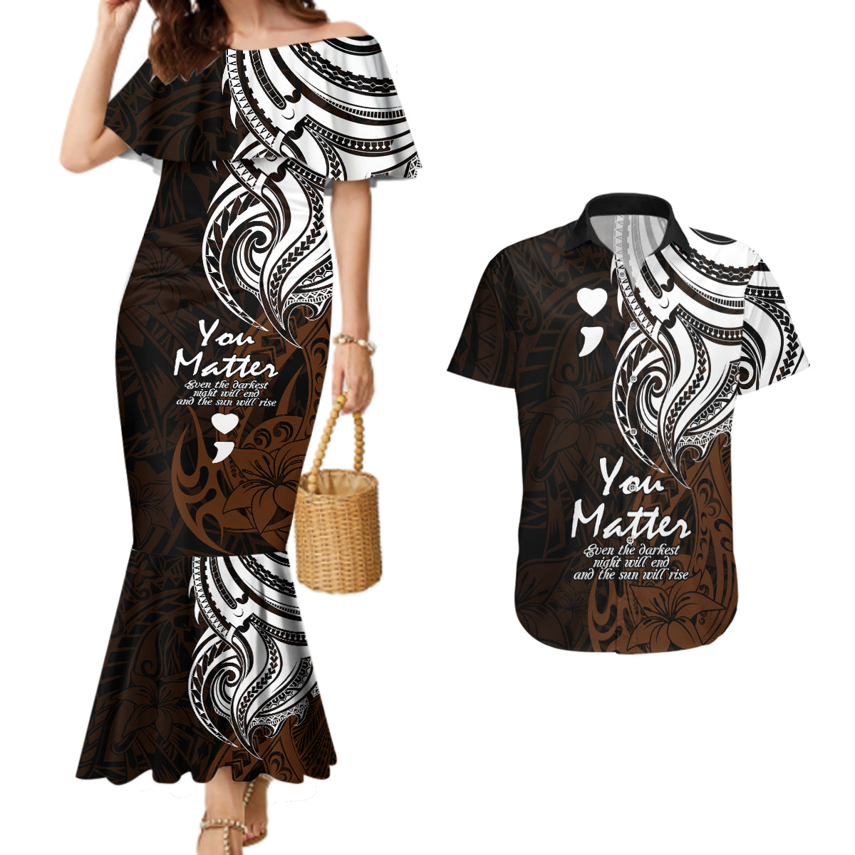 Your Matter Suicide Prevention Couples Matching Mermaid Dress and Hawaiian Shirt Gold Polynesian Tribal LT9 - Wonder Print Shop