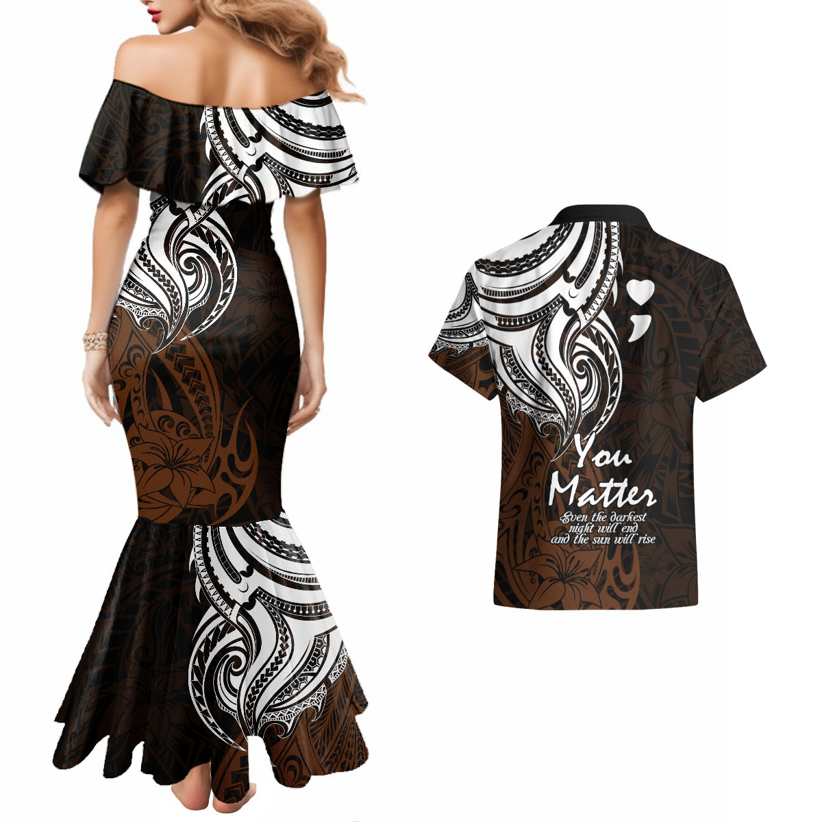Your Matter Suicide Prevention Couples Matching Mermaid Dress and Hawaiian Shirt Gold Polynesian Tribal LT9 - Wonder Print Shop