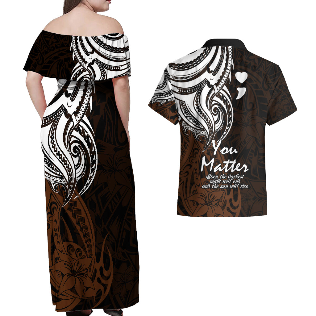 Your Matter Suicide Prevention Couples Matching Off Shoulder Maxi Dress and Hawaiian Shirt Gold Polynesian Tribal LT9 - Wonder Print Shop