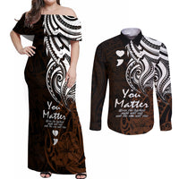 Your Matter Suicide Prevention Couples Matching Off Shoulder Maxi Dress and Long Sleeve Button Shirts Gold Polynesian Tribal LT9 - Wonder Print Shop