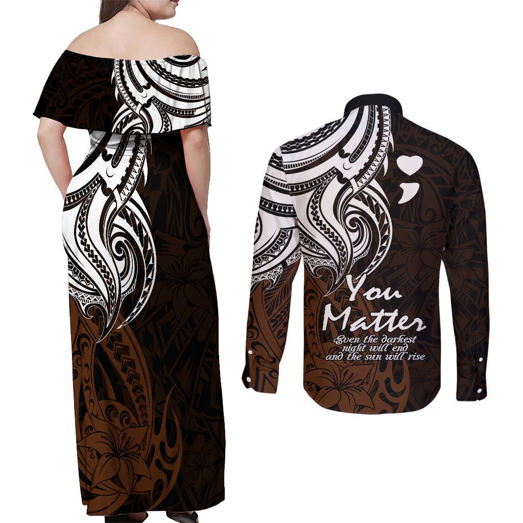 Your Matter Suicide Prevention Couples Matching Off Shoulder Maxi Dress and Long Sleeve Button Shirts Gold Polynesian Tribal LT9 - Wonder Print Shop