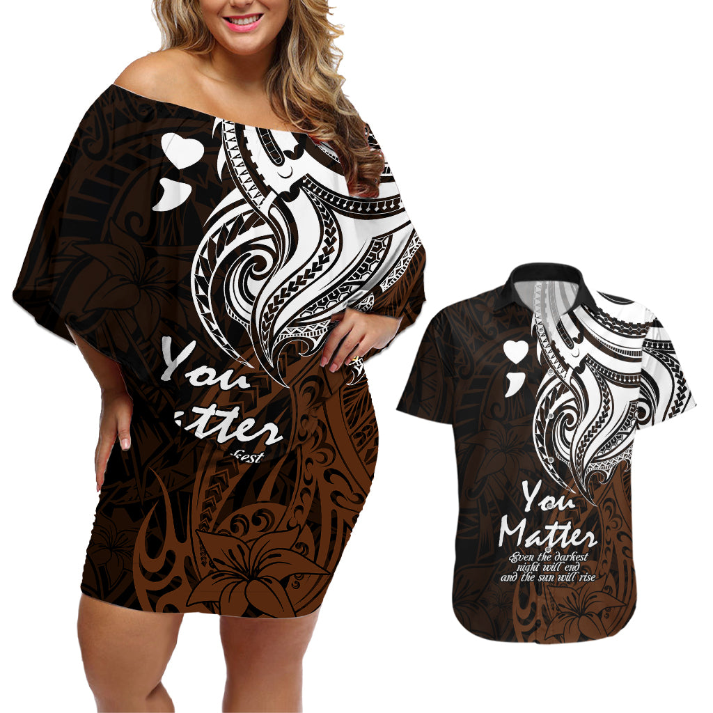 Your Matter Suicide Prevention Couples Matching Off Shoulder Short Dress and Hawaiian Shirt Gold Polynesian Tribal LT9 - Wonder Print Shop