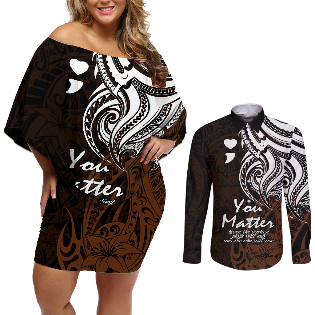 Your Matter Suicide Prevention Couples Matching Off Shoulder Short Dress and Long Sleeve Button Shirts Gold Polynesian Tribal LT9 - Wonder Print Shop