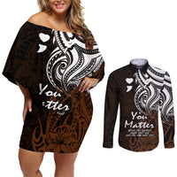 Your Matter Suicide Prevention Couples Matching Off Shoulder Short Dress and Long Sleeve Button Shirts Gold Polynesian Tribal LT9 - Wonder Print Shop