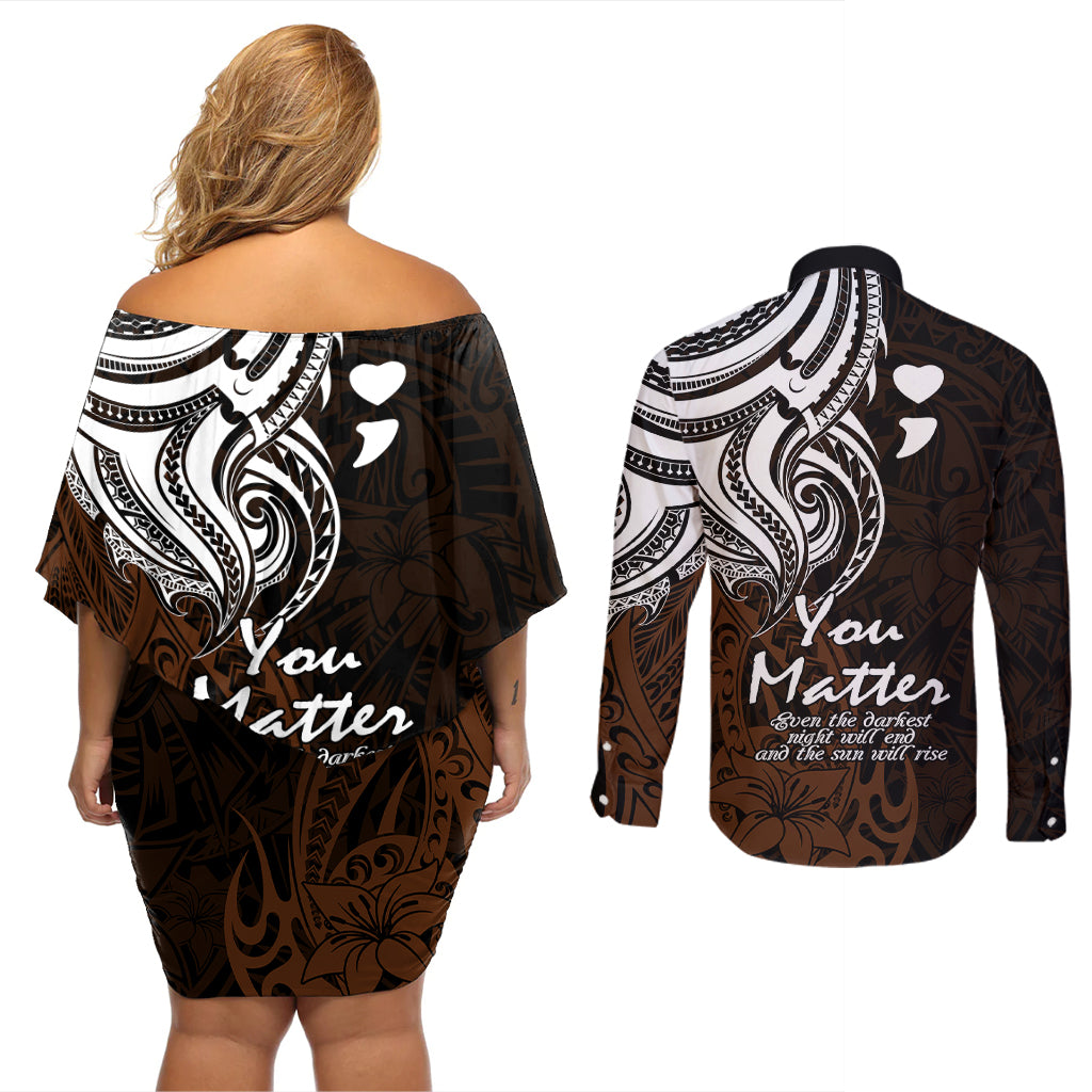 Your Matter Suicide Prevention Couples Matching Off Shoulder Short Dress and Long Sleeve Button Shirts Gold Polynesian Tribal LT9 - Wonder Print Shop
