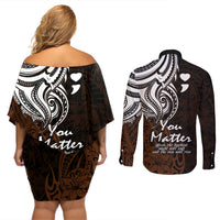 Your Matter Suicide Prevention Couples Matching Off Shoulder Short Dress and Long Sleeve Button Shirts Gold Polynesian Tribal LT9 - Wonder Print Shop