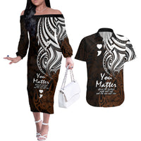 Your Matter Suicide Prevention Couples Matching Off The Shoulder Long Sleeve Dress and Hawaiian Shirt Gold Polynesian Tribal LT9 - Wonder Print Shop